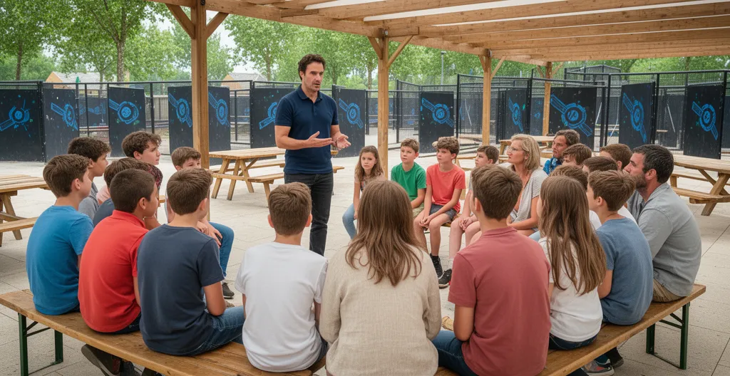 Animateur expliquant règles laser game à groupe famille intergénérationnel