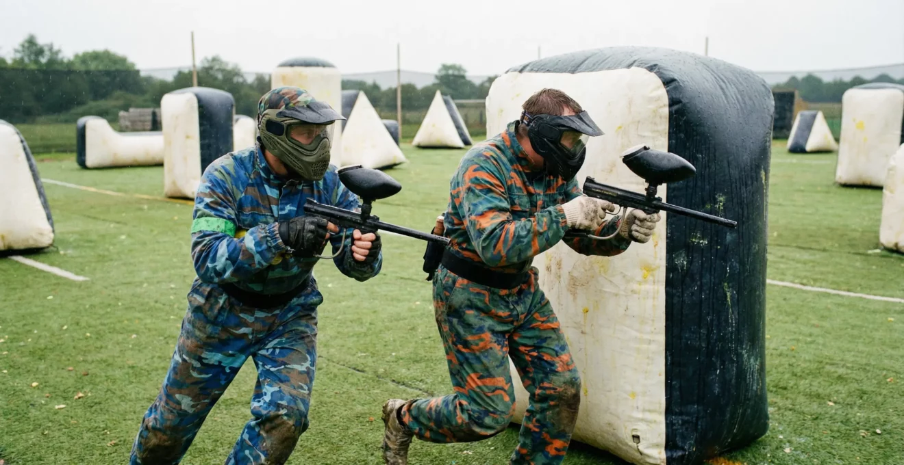 Joueurs paintball en action sur terrain outdoor Île-de-France