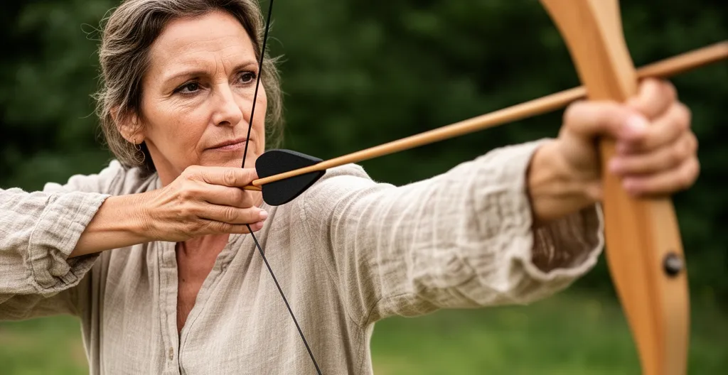 Femme adulte visant cible archery game avec arc flèches mousse